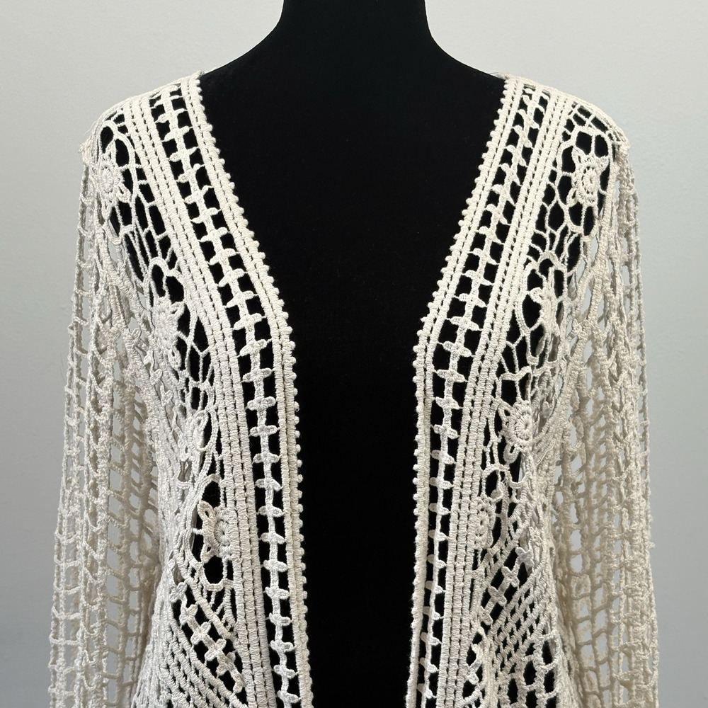 Rebellion Crochet Duster Small Ivory Cream Open Front Boho Fairy Romantic